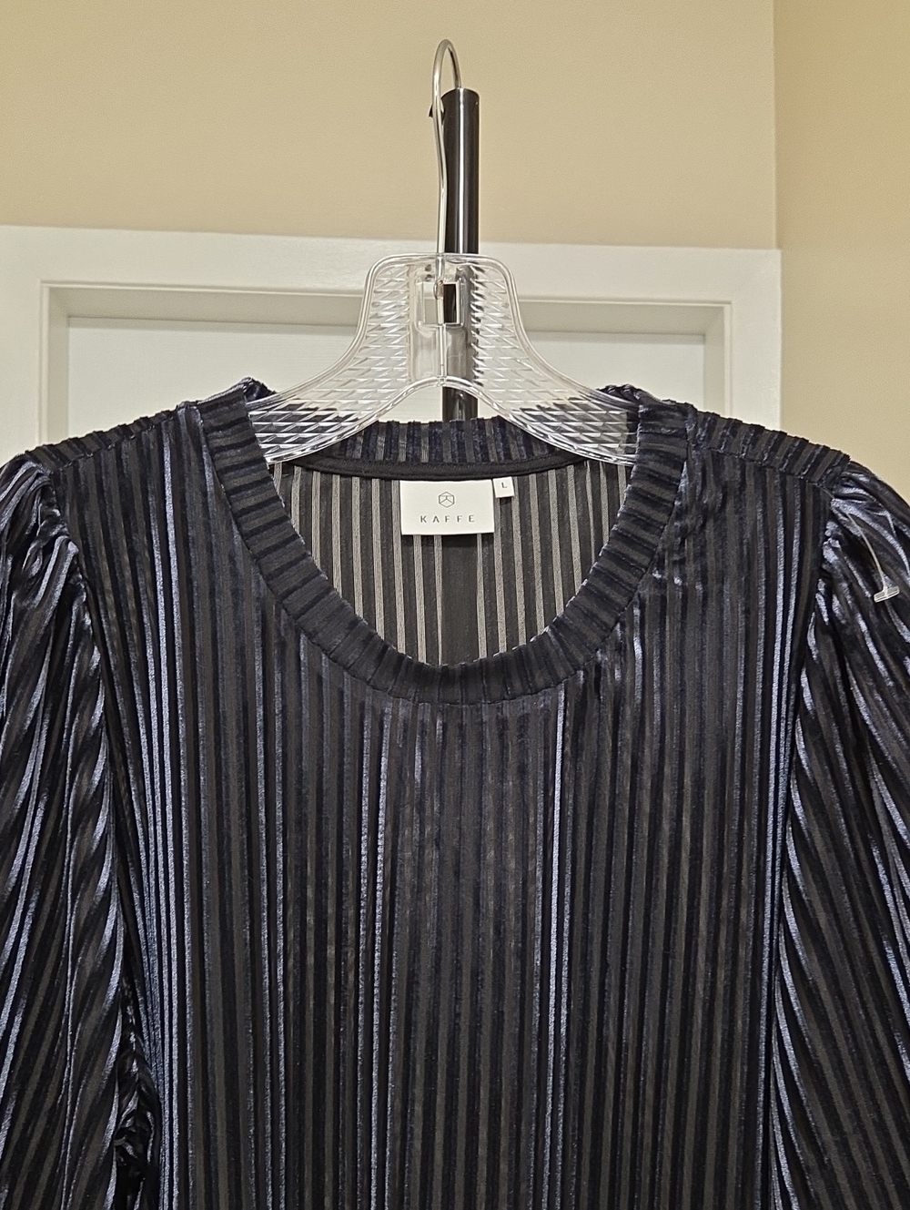 Kaffe Black Pleated Velvet Puff Sleeve Top | Shimmer Stripe Textured Blouse - Picture 3 of 10